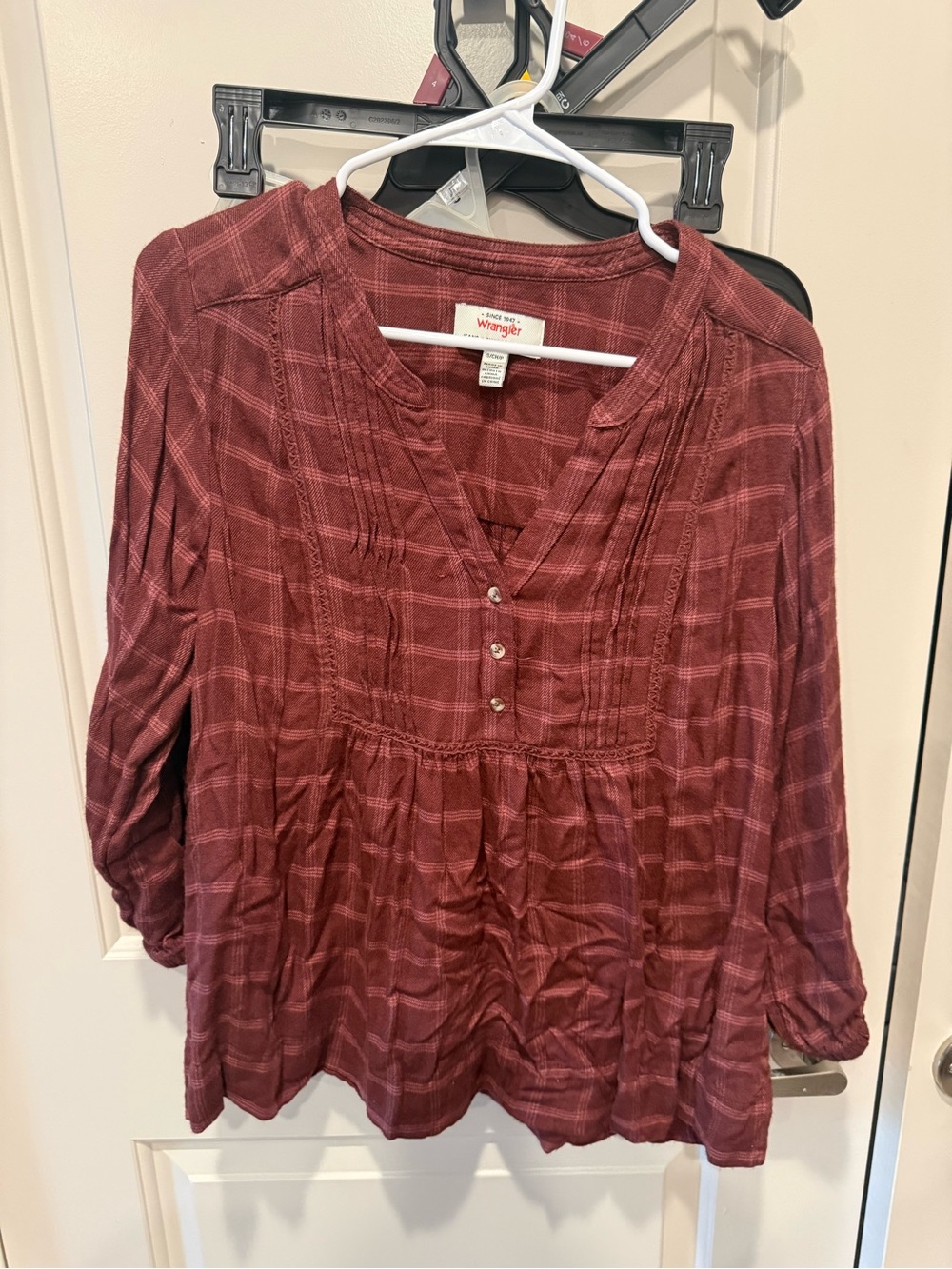 Wrangler Women's Burgundy Plaid Button-Pintuck Tunic